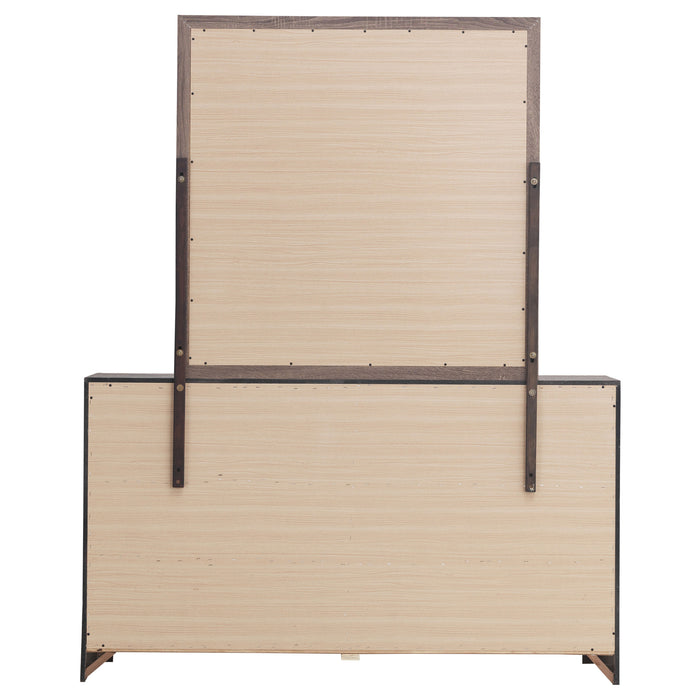 Barrel oak CoasterEveryday Brantford 6-drawer dresser with attached mirror, featuring sleek handles and a modern furniture design.