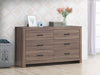 CoasterEveryday Brantford 6-drawer dresser in barrel oak finish, showcasing sleek wood grain, metal handles, and modern furniture design.