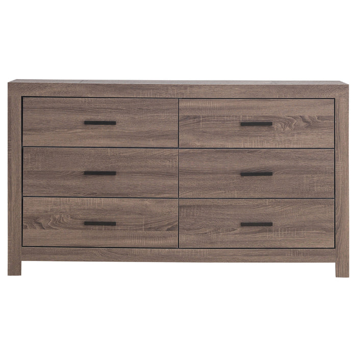 CoasterEveryday Brantford 6-drawer dresser in Barrel Oak wood with sleek handles and modern design for bedroom storage.