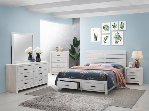 CoasterEveryday Brantford 5-piece Eastern King bedroom set in coastal white with bed frame, nightstands, and dresser on a bedroom.