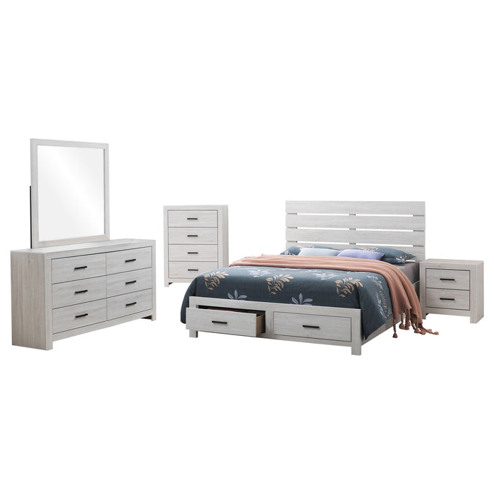 Coastal white Brantford 5-piece Eastern King bedroom furniture set by CoasterEveryday, includes bed frame, nightstands, and dresser.