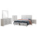 Coastal white Brantford 5-piece Eastern King bedroom furniture set by CoasterEveryday, includes bed frame, nightstands, and dresser.