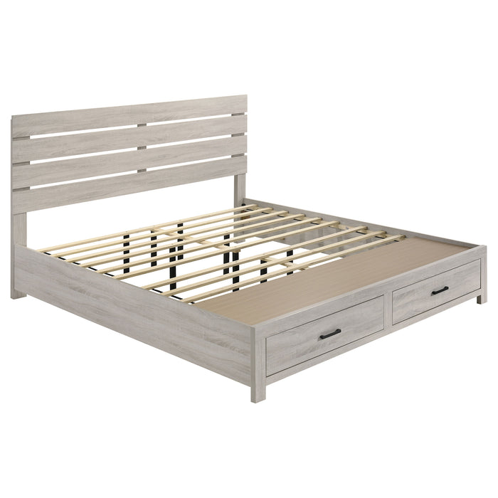 CoasterEveryday Brantford 5-piece Eastern King bedroom set in coastal white, featuring a bed, nightstands, dresser, and mirror.