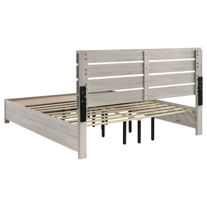 CoasterEveryday Brantford 5-piece Eastern King bedroom set in coastal white, includes bed frame, nightstands, and dresser with modern design.