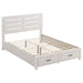 CoasterEveryday Brantford Wood Queen Storage Panel Bed in coastal white with headboard and built-in storage drawers.