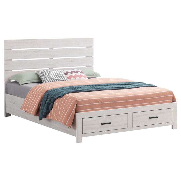 CoasterEveryday Brantford Wood Queen Storage Panel Bed in coastal white with headboard and built-in storage drawers.