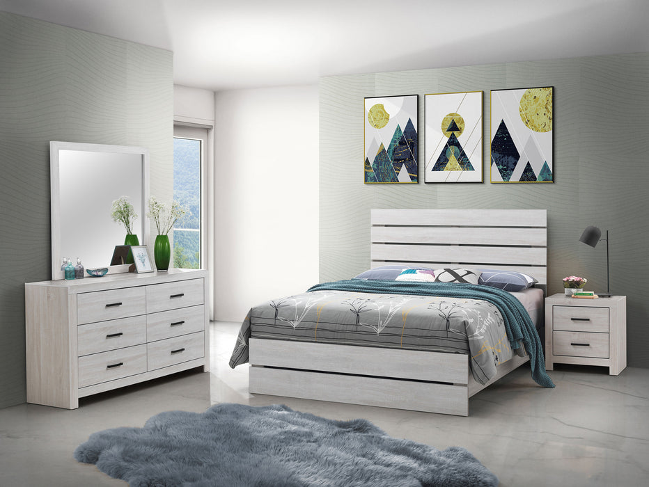 Coastal white Brantford 4-piece Eastern King bedroom furniture set with bed frame, nightstands, and dresser, in a modern coastal style.
