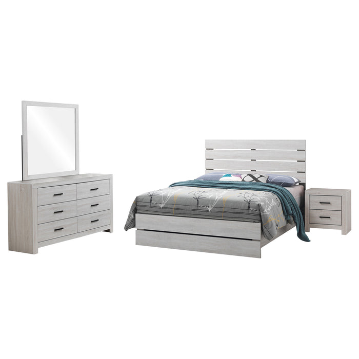 Coastal white Brantford 4-piece Eastern King bedroom furniture set by CoasterEveryday, including a bed, dresser, and nightstands.