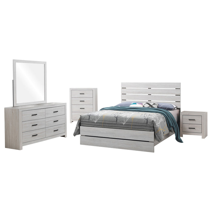 Coastal white Brantford 5-piece Eastern King bedroom furniture set by CoasterEveryday, including bed frame, nightstands, and dresser.