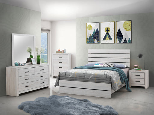 CoasterEveryday Brantford 5-piece Queen bedroom set in coastal white, including bed frame, dresser, and nightstands, with modern design.
