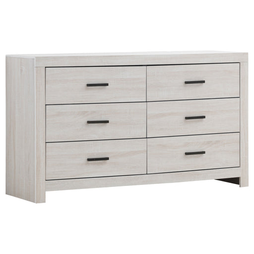 CoasterEveryday Brantford 6-drawer dresser in coastal white with sleek handles and modern design, showcasing its clean, elegant furniture style.