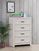 CoasterEveryday Brantford 4-drawer bedroom chest in coastal white with sleek wood finish and modern design.