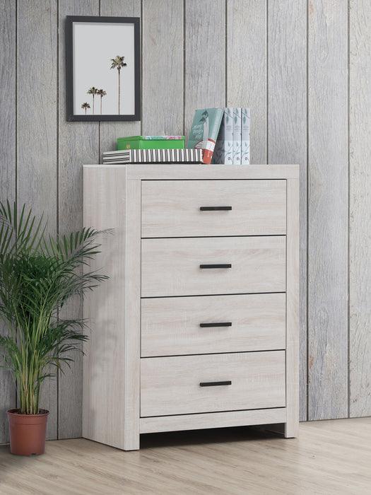 CoasterEveryday Brantford 4-drawer bedroom chest in coastal white with sleek design and silver-tone drawer handles.