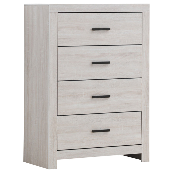 CoasterEveryday Brantford 4-drawer coastal white bedroom chest with sleek modern design and silver drawer handles.