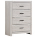 CoasterEveryday Brantford 4-drawer coastal white bedroom chest with sleek modern design and silver drawer handles.