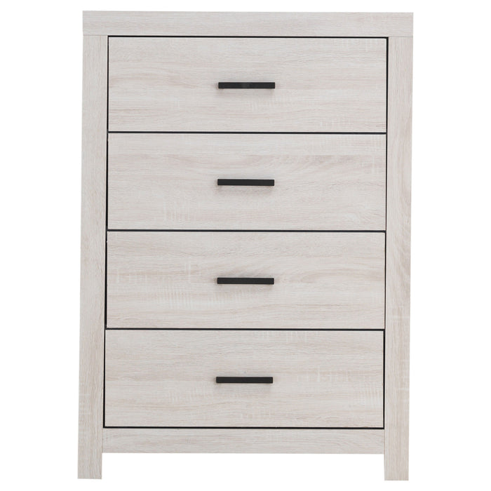CoasterEveryday Brantford 4-drawer bedroom chest in coastal white wood, featuring sleek drawer handles and modern furniture design.