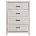CoasterEveryday Brantford 4-drawer bedroom chest in coastal white wood, featuring sleek drawer handles and modern furniture design.