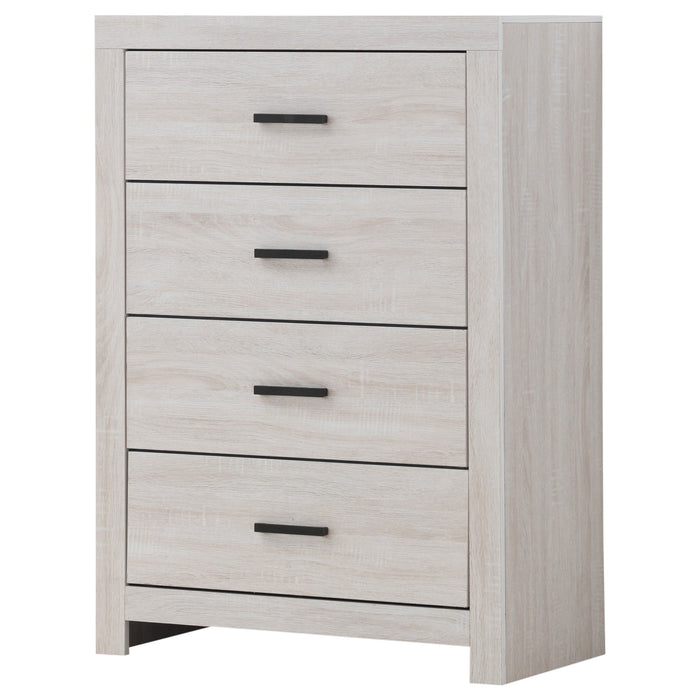 Coastal white Brantford 4-drawer bedroom chest by CoasterEveryday, featuring sleek drawers and modern furniture design.