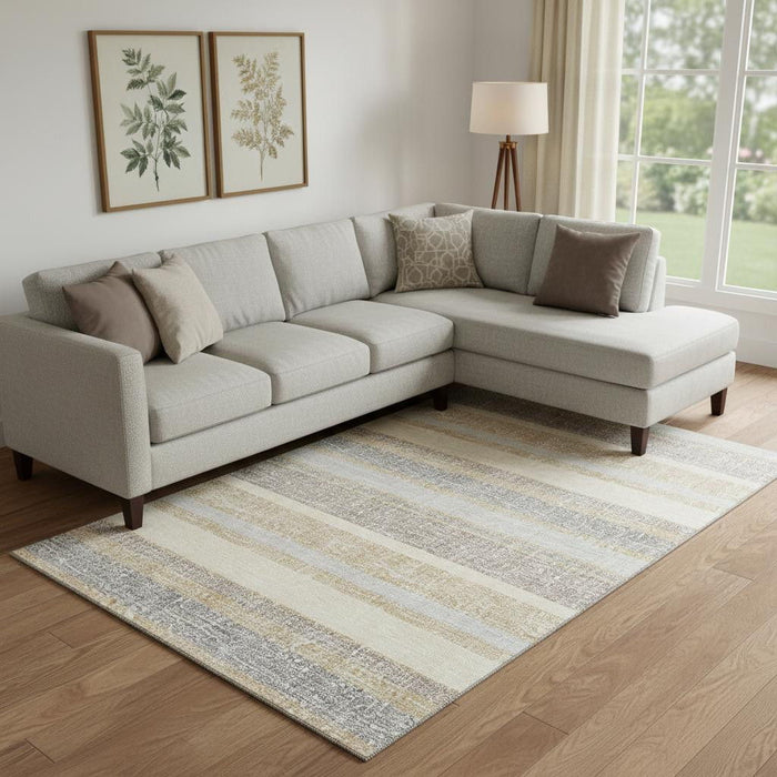 10' X 14' Striped Washable Area Rug With UV Protection (718599) - Gold / Beige