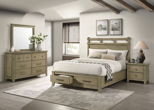 Hazlewood 4-piece Queen bedroom set in Vineyard Oak, including bed frame, dresser, mirror, and nightstands from CoasterEveryday.