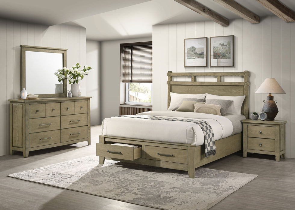 Hazlewood 4-piece Queen bedroom set in Vineyard Oak, including bed frame, dresser, mirror, and nightstands from CoasterEveryday.