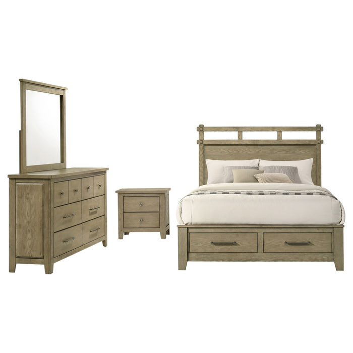 Hazlewood 4-piece queen bedroom set in vineyard oak by CoasterEveryday, including bed frame, dresser, mirror, and nightstands.