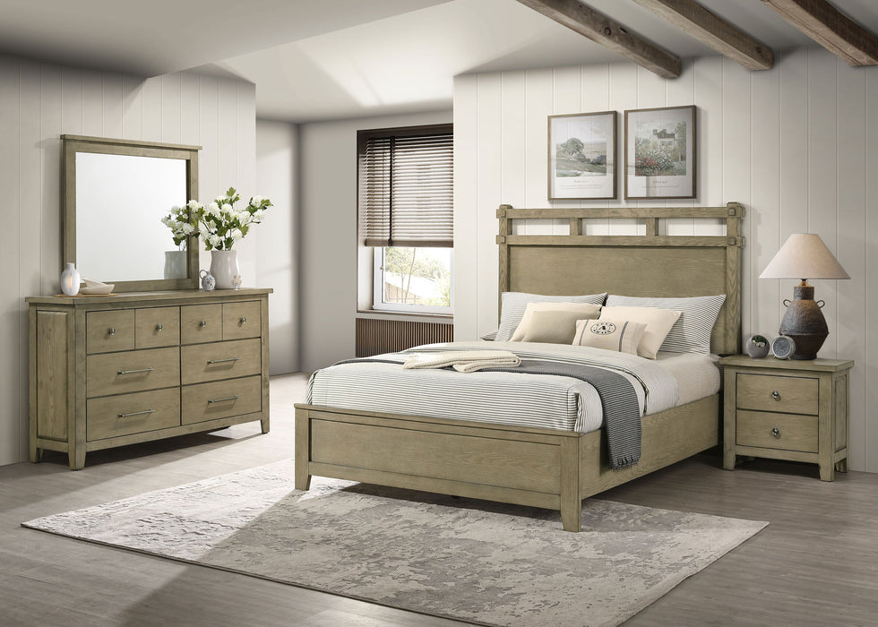 Hazlewood 4-piece Eastern King bedroom set in Vineyard Oak by CoasterEveryday, includes bed, nightstands, and dresser in a modern wood finish.