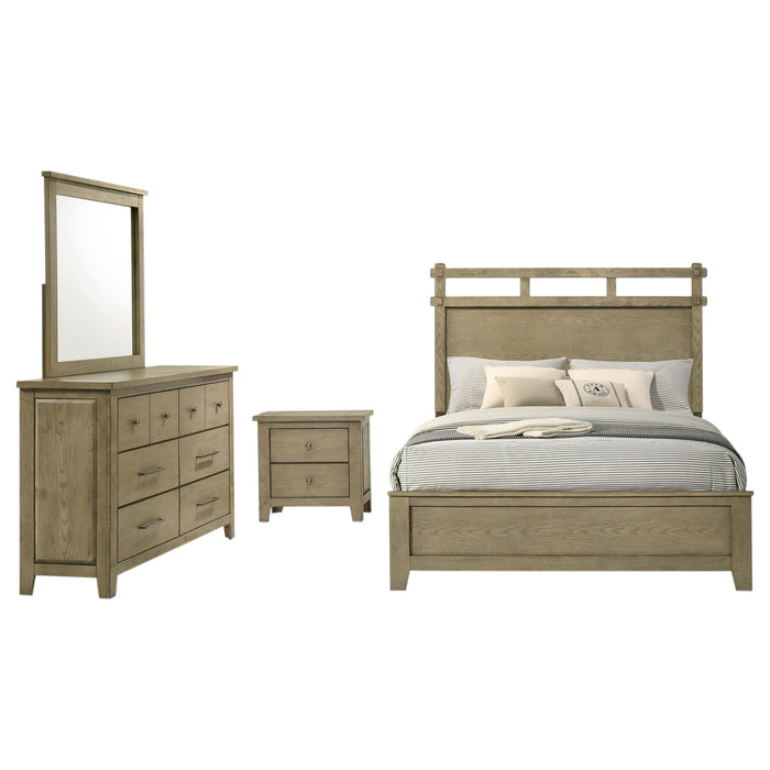 Hazlewood 4-piece Eastern King bedroom furniture set by CoasterEveryday in Vineyard Oak finish, includes bed frame, dresser, mirror, and nightstands.