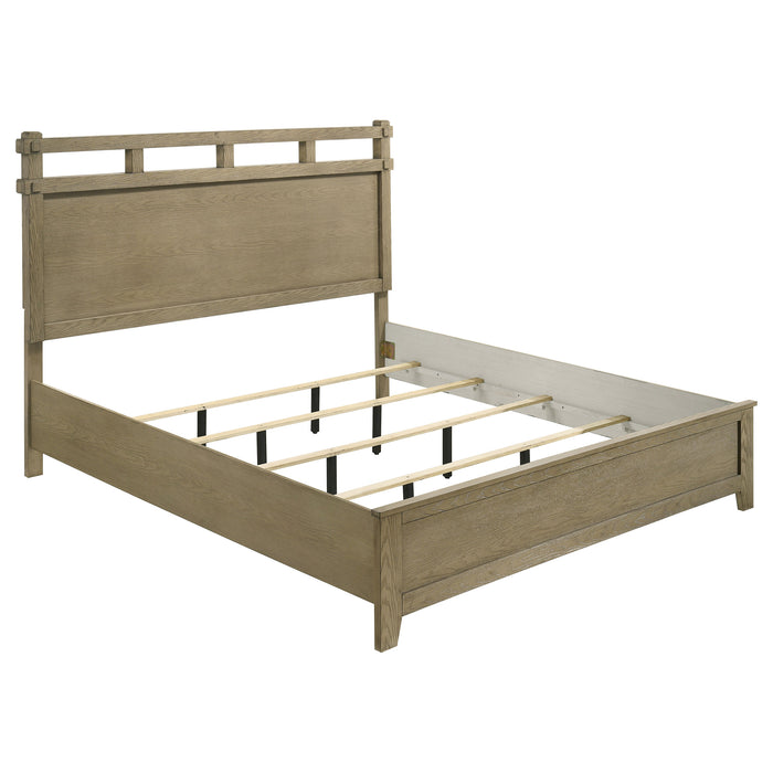 Hazlewood 4-piece Eastern King bedroom set by CoasterEveryday in Vineyard Oak, featuring a bed frame, dresser, nightstands, and mirror.