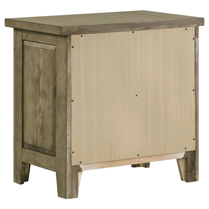 Hazlewood 4-piece Eastern King bedroom set by CoasterEveryday featuring Vineyard Oak finish, includes bed frame, dresser, mirror, and nightstands.