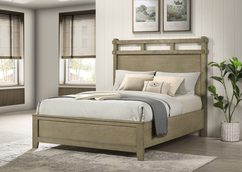 Hazlewood 61-inch Queen Panel Bed by CoasterEveryday in Vineyard Oak finish, showcasing the wooden frame and panel headboard.