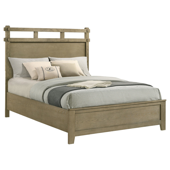 Hazlewood 61-inch Queen Panel Bed in Vineyard Oak by CoasterEveryday, showcasing the wooden bed frame with panel headboard.