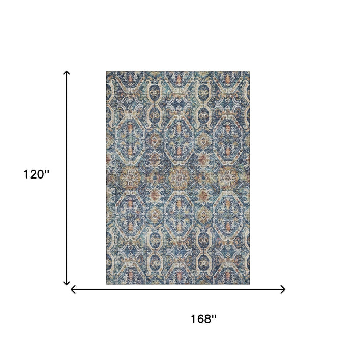 10' X 14' Medallion Washable Area Rug With UV Protection (688231) - Denim Blue / Beige / Copper