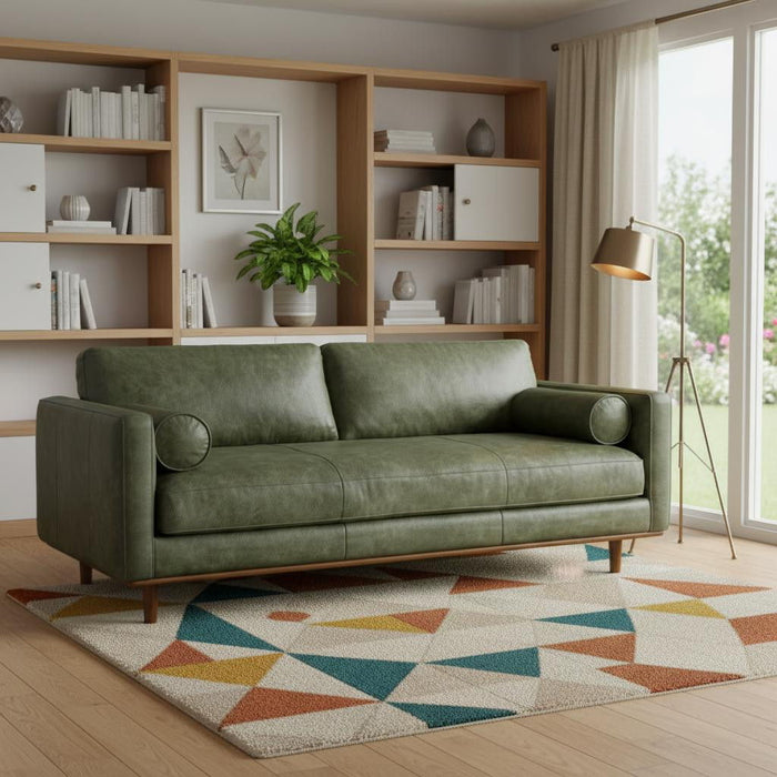 Moss Leather Sofa With Brown Legs - Moss Green