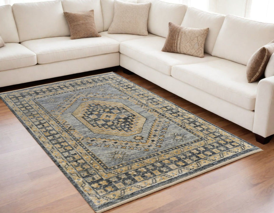 5' x 8' Wool Oriental Hand Knotted Area Rug With Fringe - Blue Gray And Tan