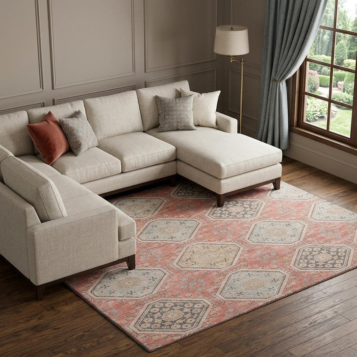 10' X 14' Floral Washable Area Rug With UV Protection (693756) - Salmon / Beige / Gray
