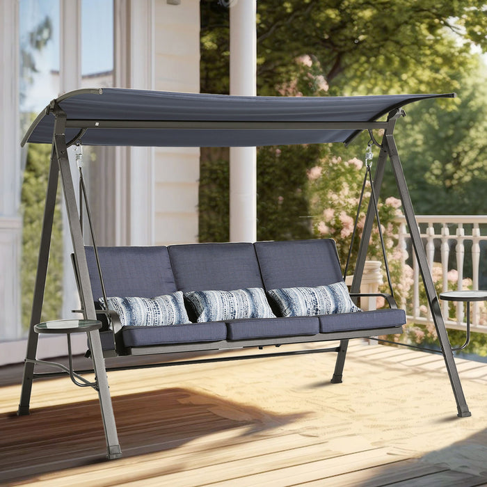 Blue Giga steel 3-seater porch swing with canopy, outdoor patio swing with comfortable seating and shaded canopy.