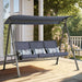 Blue Giga steel 3-seater porch swing with canopy, outdoor patio swing with comfortable seating and shaded canopy.