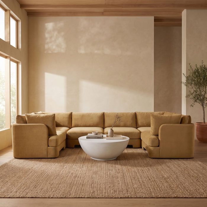 Meridian Furniture Hammond velvet performance fabric U-shaped sectional sofa with six upholstered stationary sections.