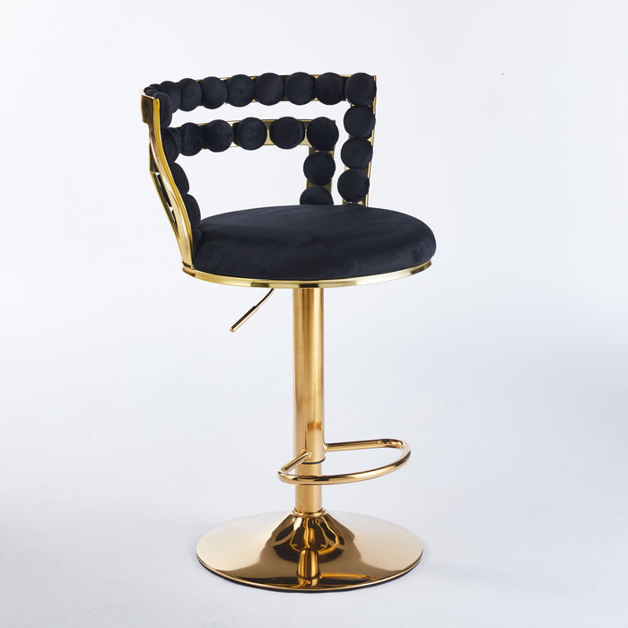 Set of two Giga modern bar stools with iron tube legs, soft cushioned seats and supportive backrests.