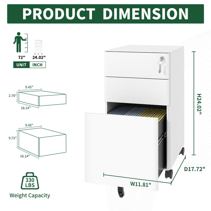 Giga white 3-drawer mobile filing cabinet with lock, on wheels, featuring two shallow drawers and one deep drawer for office or home.
