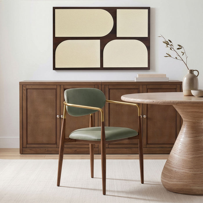 Vegan leather upholstered Meridian Furniture Ronda dining arm chair with walnut wooden legs, modern and comfortable seating.