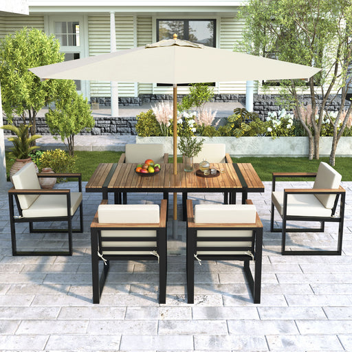 Giga 7-piece outdoor dining set with patio table, six chairs, and removable cushions, ideal for outdoor patio dining.