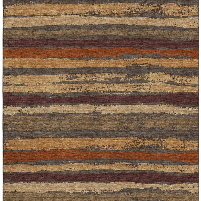 10' X 14' Striped Washable Area Rug With UV Protection (680001) - Chocolate / Gold / Burgundy