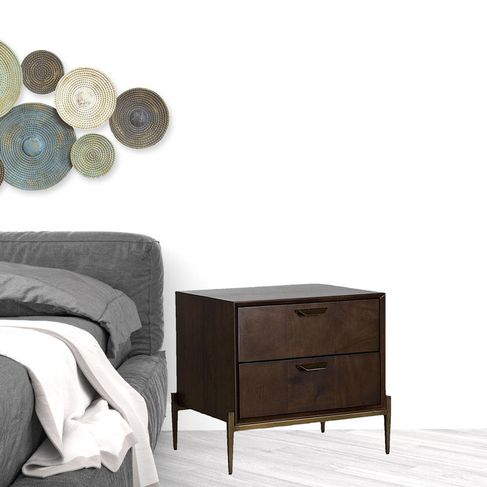 Two Drawers Solid Wood Nightstand - Brass