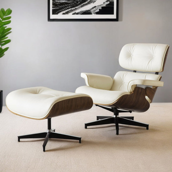 Beige and dark brown genuine leather tufted swivel lounge chair with matching ottoman, part of HomeRoots stationary chair and ottoman set.