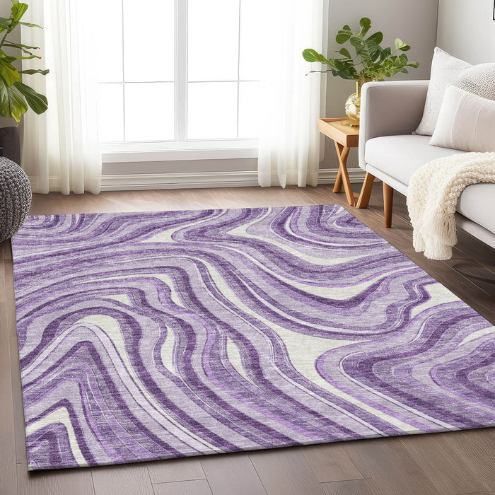 9' X 12' Marble Washable Area Rug With UV Protection - Lavender And Ivory