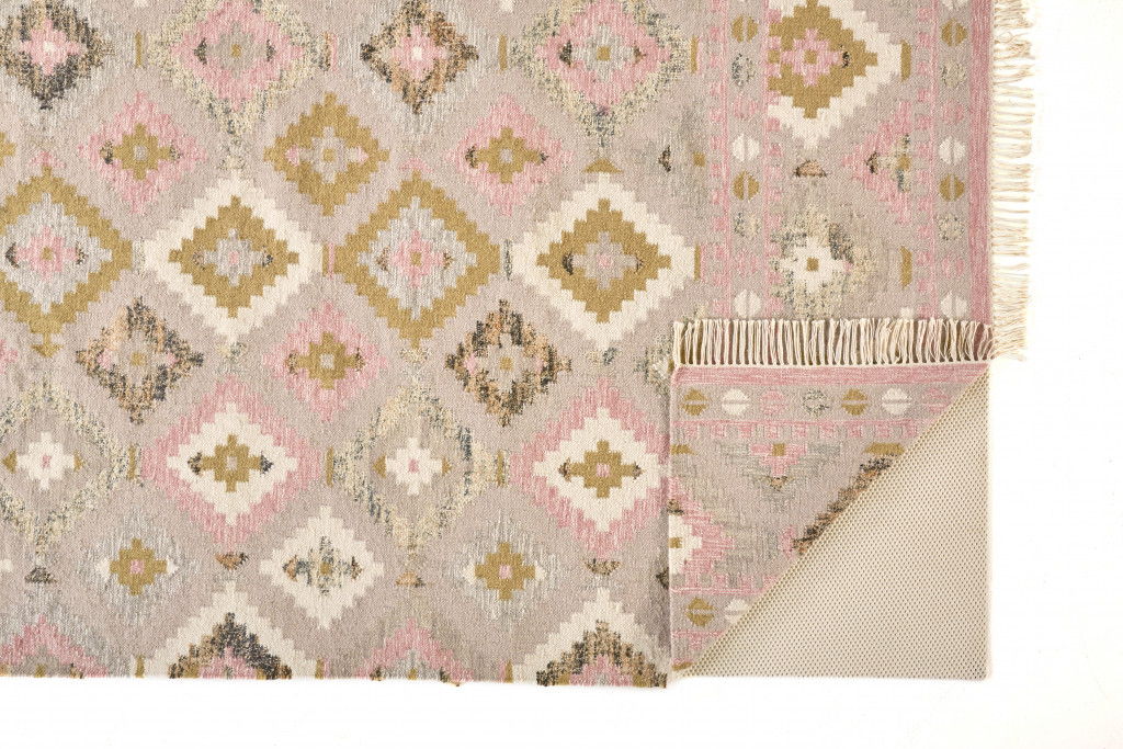 10' x 14' Wool Geometric Dhurrie Flatweave Handmade Area Rug With Fringe - Pink Gold And Taupe