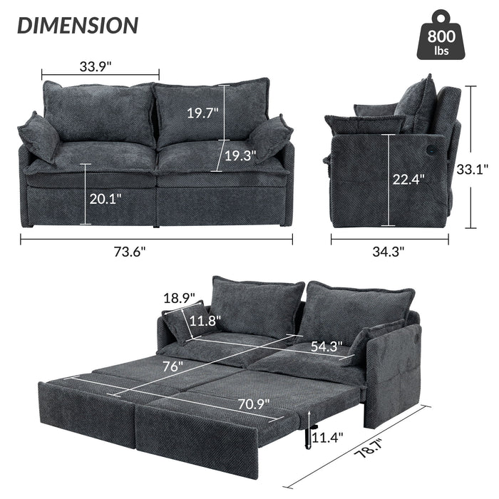 Giga pull-out sofa bed with convertible sleeper, side storage, and USB-C charging ports, featuring cushioned seating and modern design.