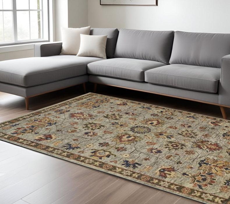 9' x 12' Wool Floral Hand Knotted Stain Resistant Area Rug With Fringe - Gray Gold And Red